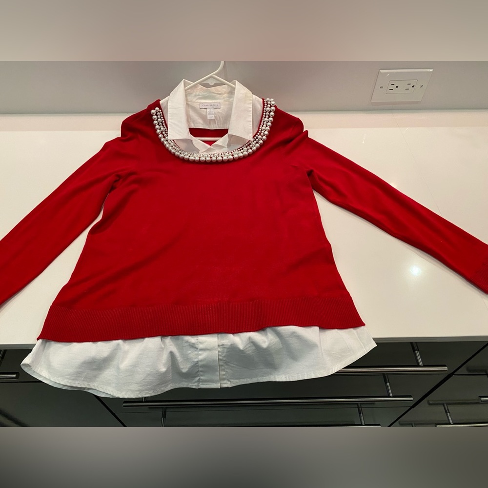 CHARTER CLUB Layered, Bead Embellished, two-fer Sweater (Size Small)
